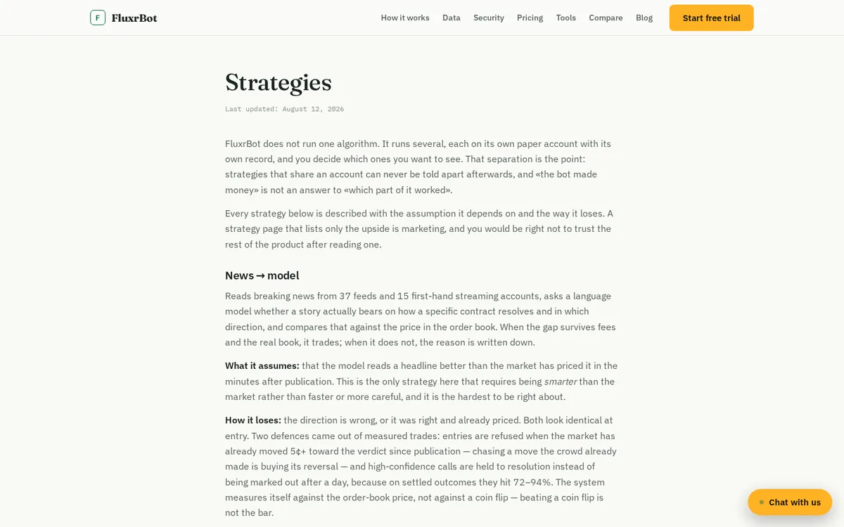 Страница стратегий с живыми измеренными цифрами из /api/truth